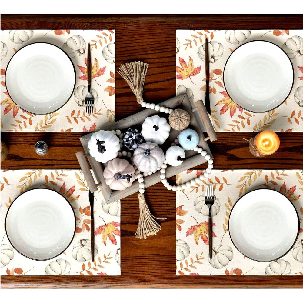 Orange Maple Leaf Pumpkin Fall Placemats Set of 4, 12x18 Seasonal Autumn Table🍂